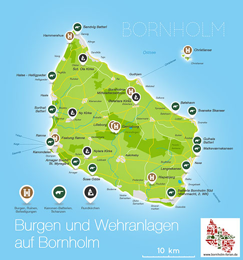 Übersichts-Karte der Burgen auf Bornholm, Dänemark