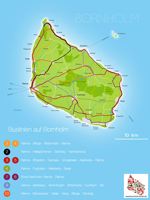 Karte der Buslinien auf Bornholm, Daenemark