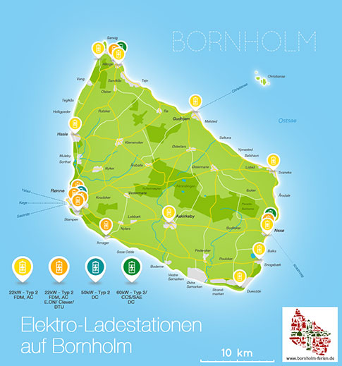 Karte der Elektro-Ladestationen, Insel Bornholm, Daenemark