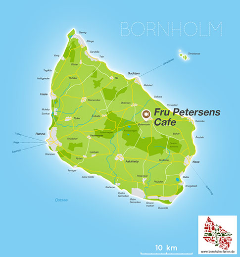 Karte Fru Petersens Cafe, Osternarie, Insel Bornholm, Daenemark