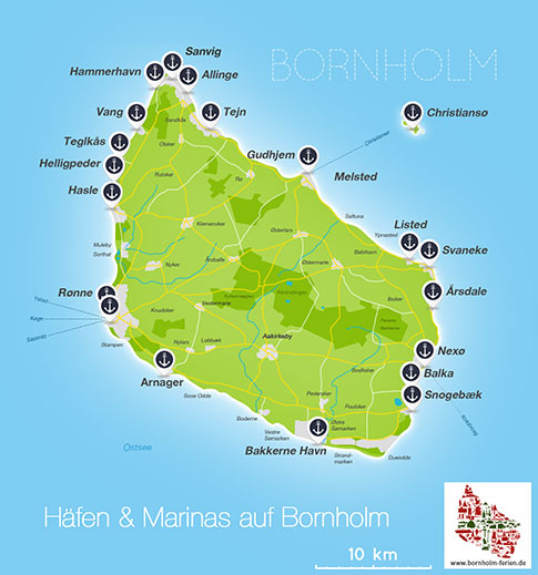 Karte der Häfen und Marinas der Insel Bornholm, Daenemark