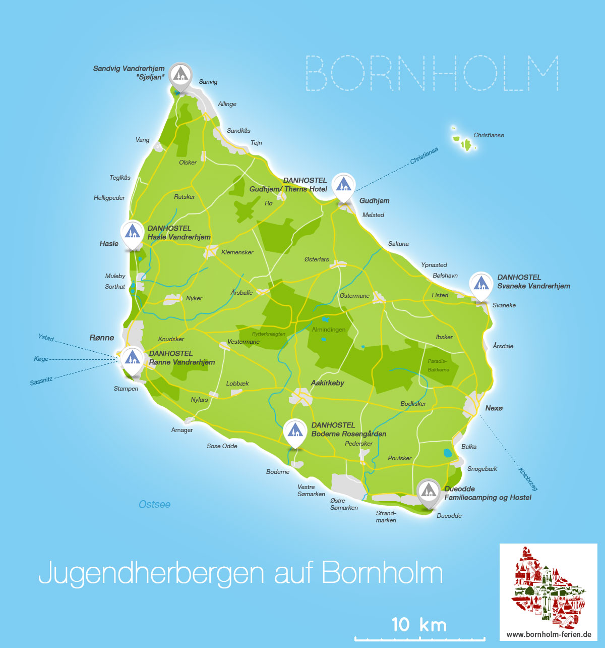 Übersichts-Karte der Jugendherbergen & Hostels auf Bornholm