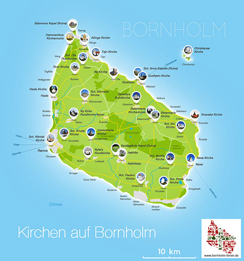 Karte der Kirchen auf Bornholm, Dänemark