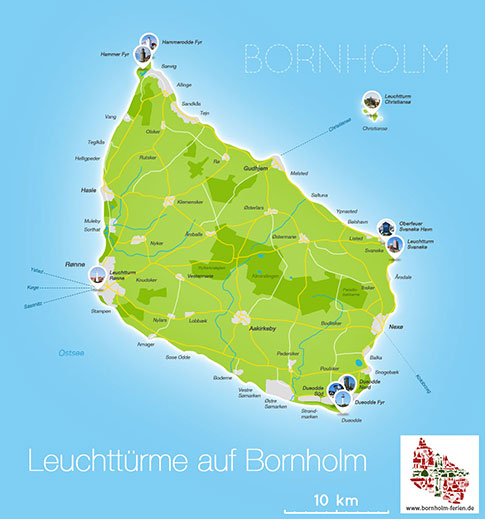 Uebersichts-Karte der Leuchttuerme auf Bornholm, Daenemark