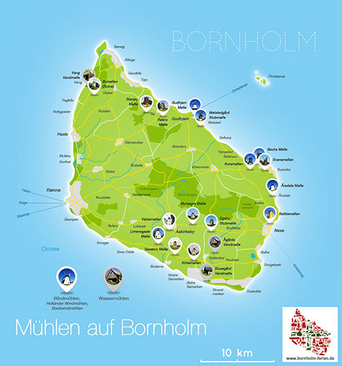 Übersichts-Karte der Mühlen (Windmühlen, Wassermühlen) auf Bornholm