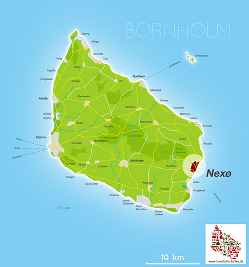 Karte von Nexoe, Insel Bornholm, Daenemark