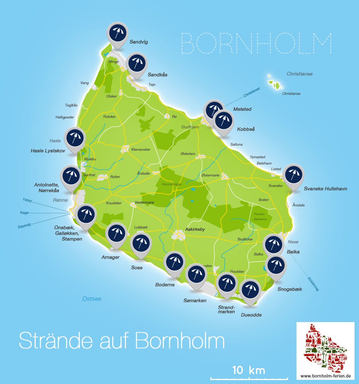 Übersichts-Karte der Strände auf Bornholm