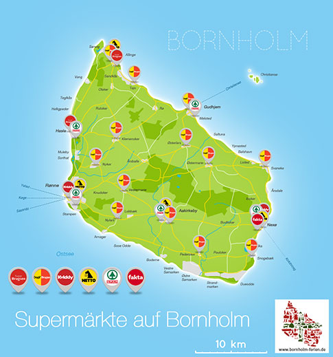Karte der Supermaerkte auf Bornholm, Daenemark
