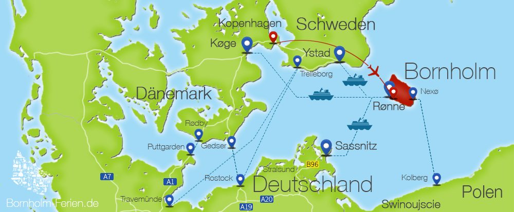 Anreise Insel Bornholm (Dänemark) mit Fähre, Auto, Bahn, Bus, Flugzeug 
