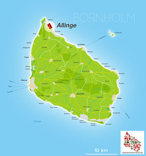 Karte/ Lage von Allinge, Insel Bornholm, Daenemark